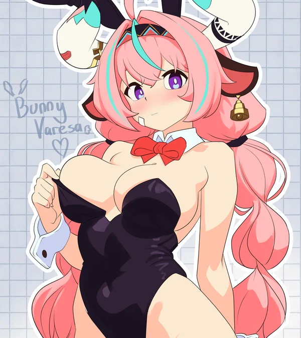 Varesa in a bunny suit and red bow tie, looking flustered, drawn by Joberry