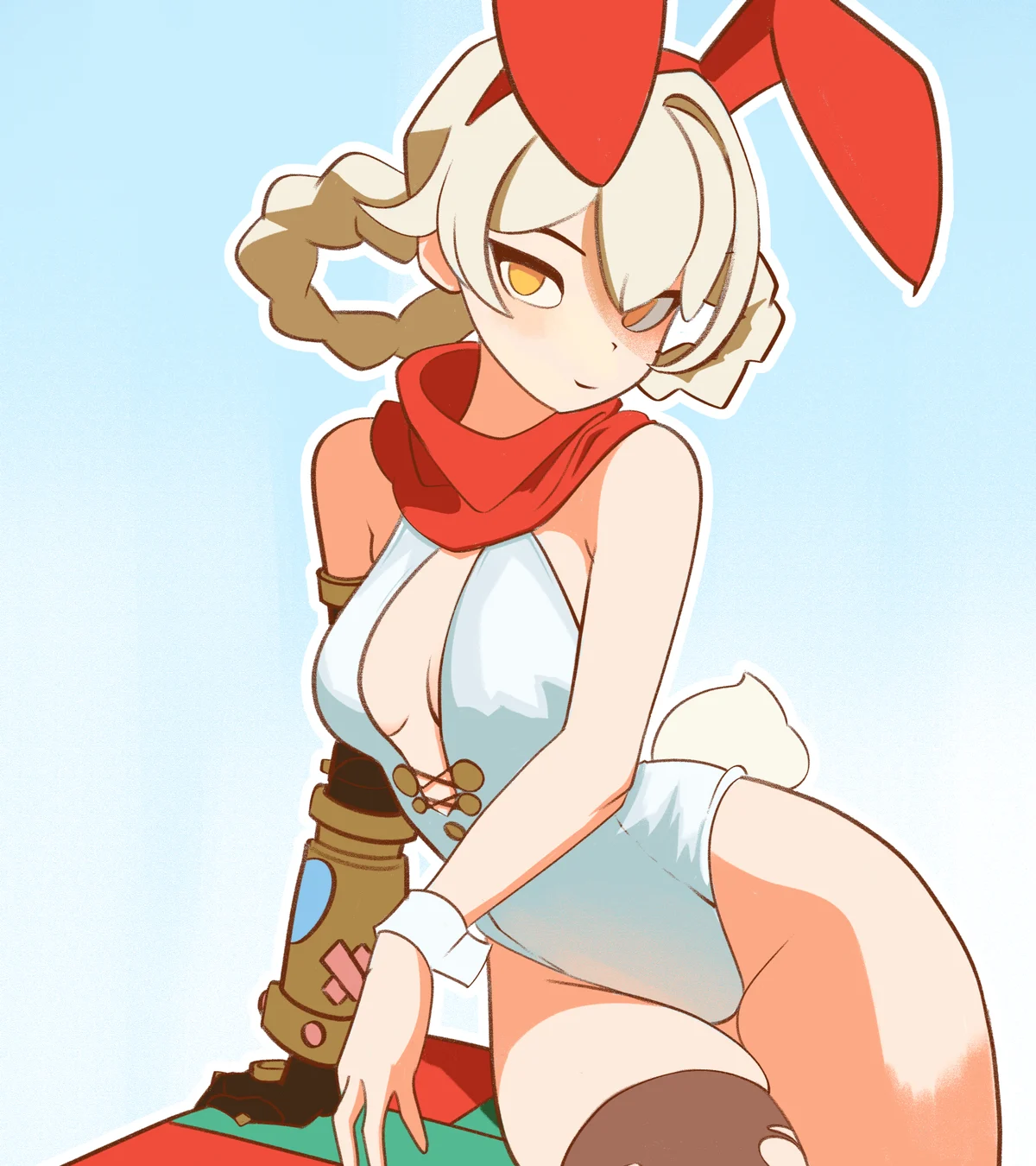 Jahoda in a bunny outfit perched on a gift box, drawn by Joberry