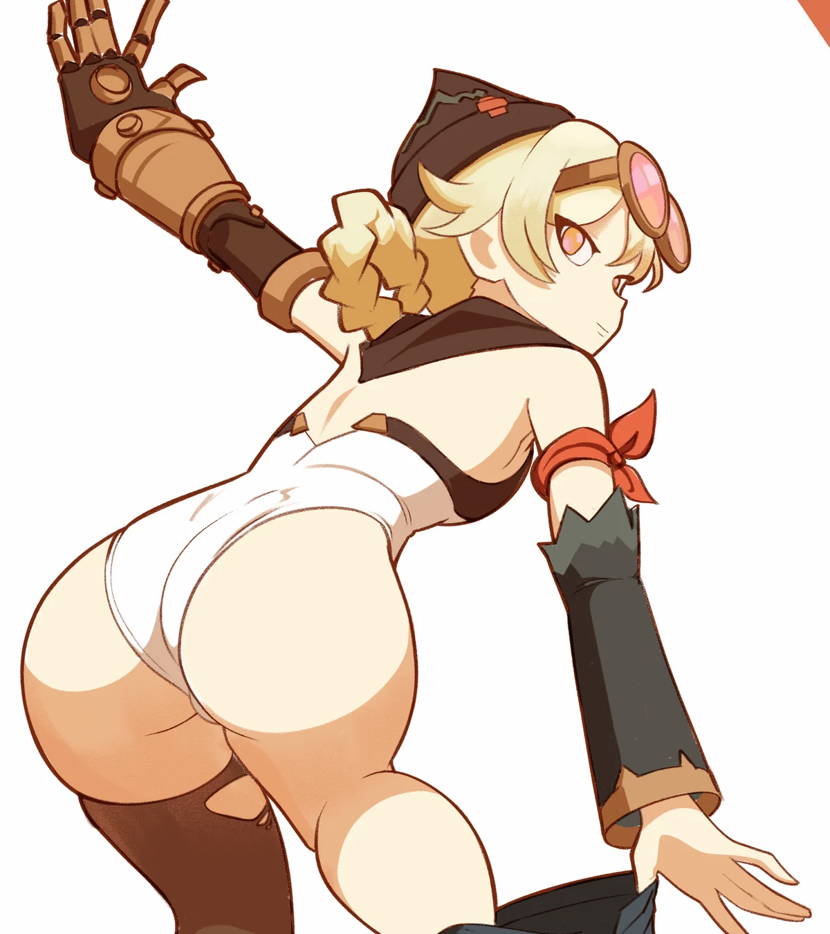 Jahoda mid-change, glancing back over her shoulder, drawn by Joberry