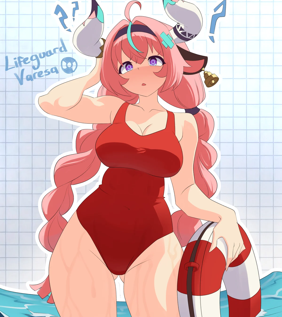 Varesa on lifeguard duty in a red swimsuit with a rescue ring, drawn by Joberry