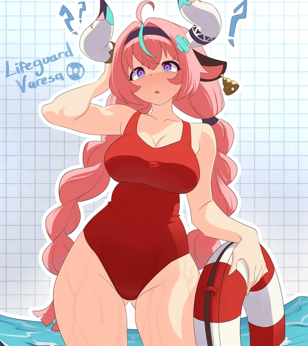 Varesa on lifeguard duty in a red swimsuit with a rescue ring, drawn by Joberry
