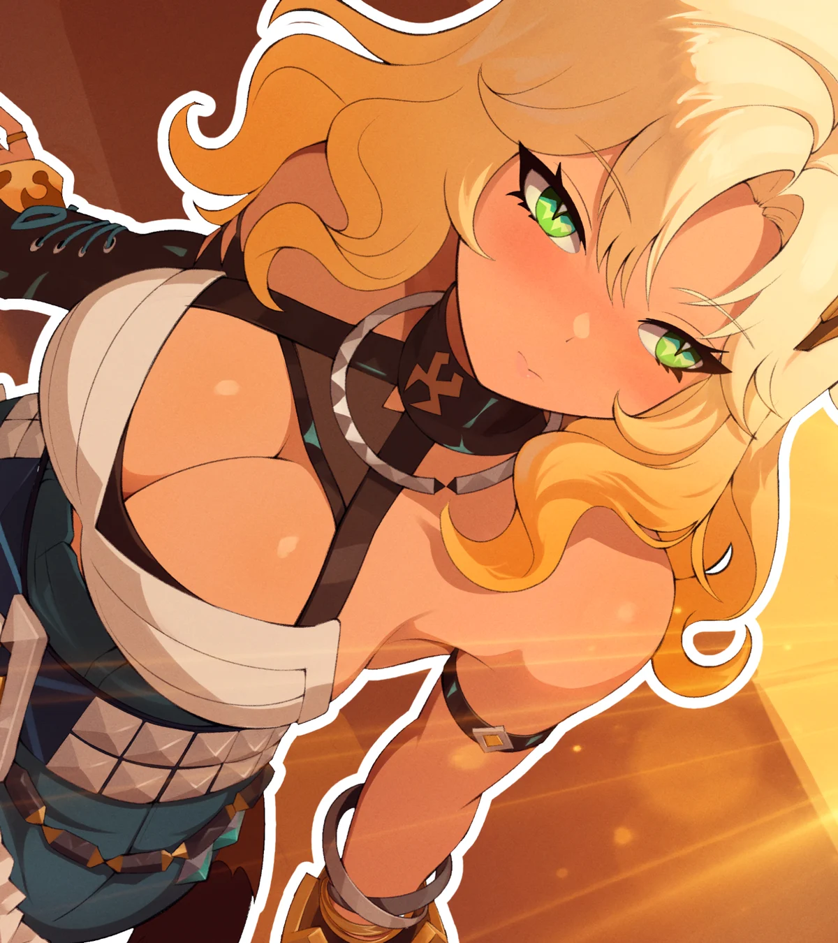 Xilonen leaning in through warm golden light, drawn by Joberry