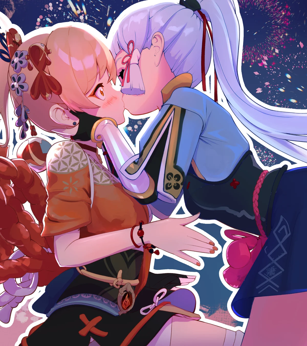 Yoimiya and Kamisato Ayaka sharing a kiss under the fireworks, drawn by Joberry