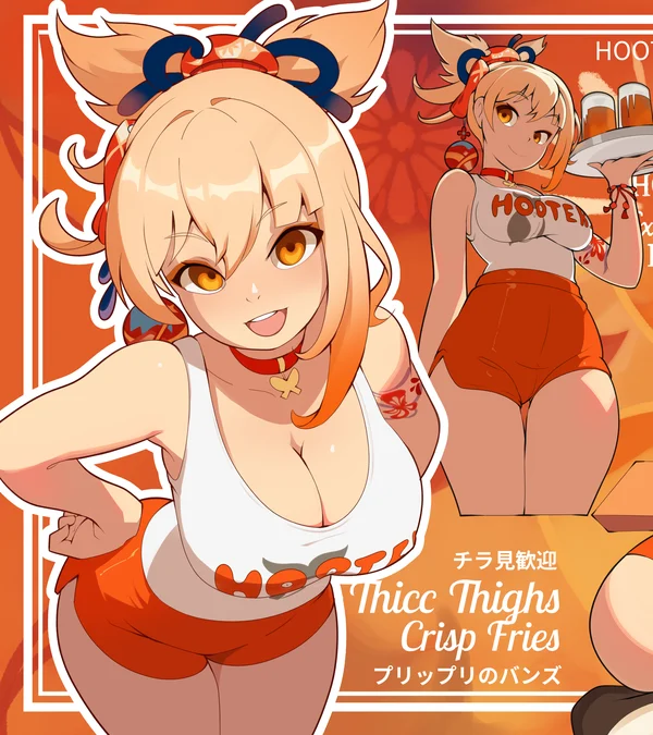 Yoimiya grinning in a Hooters uniform, drawn by Joberry